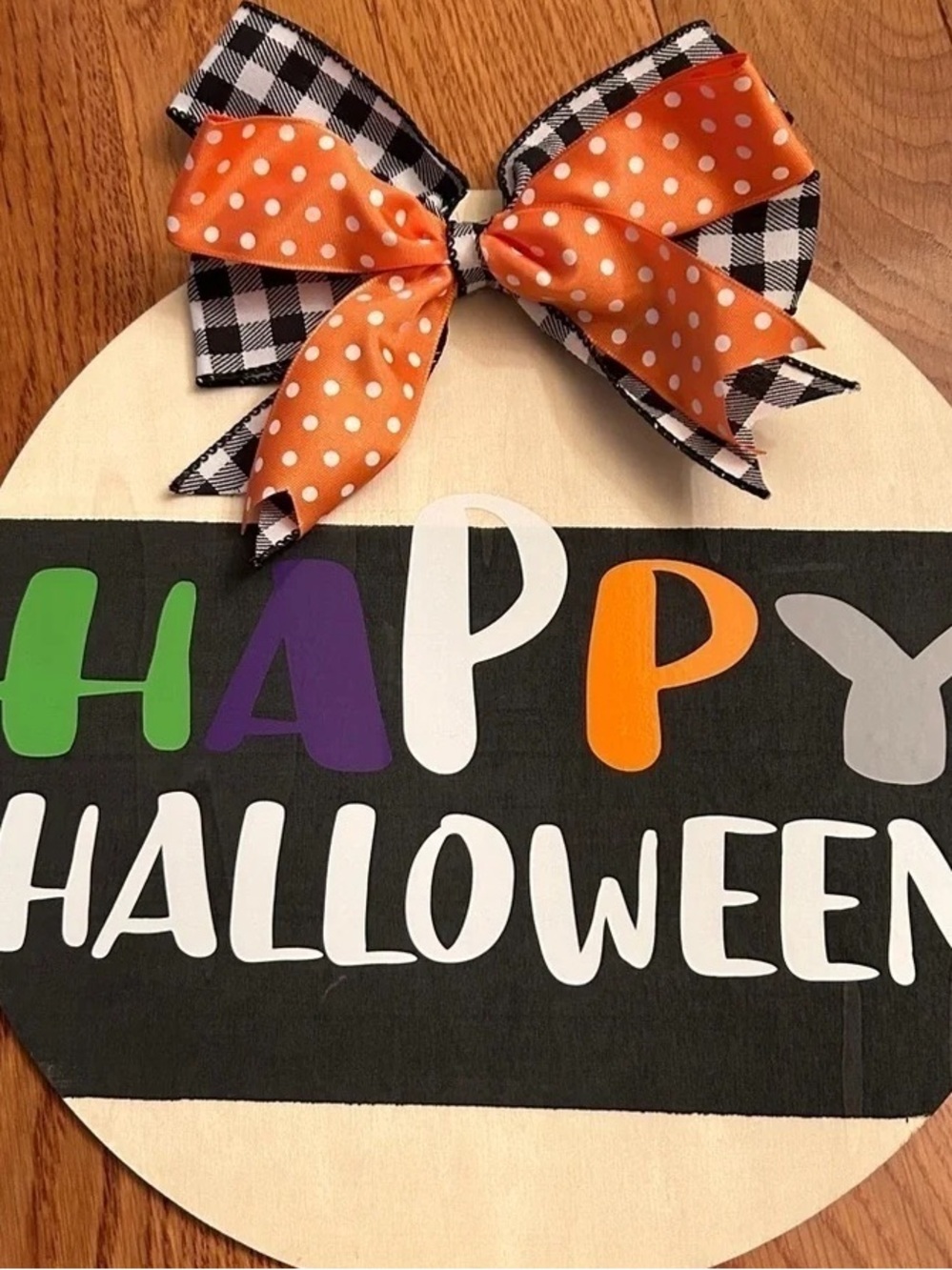 Happy Halloween Round Door Sign with Orange Polka Dot Bow